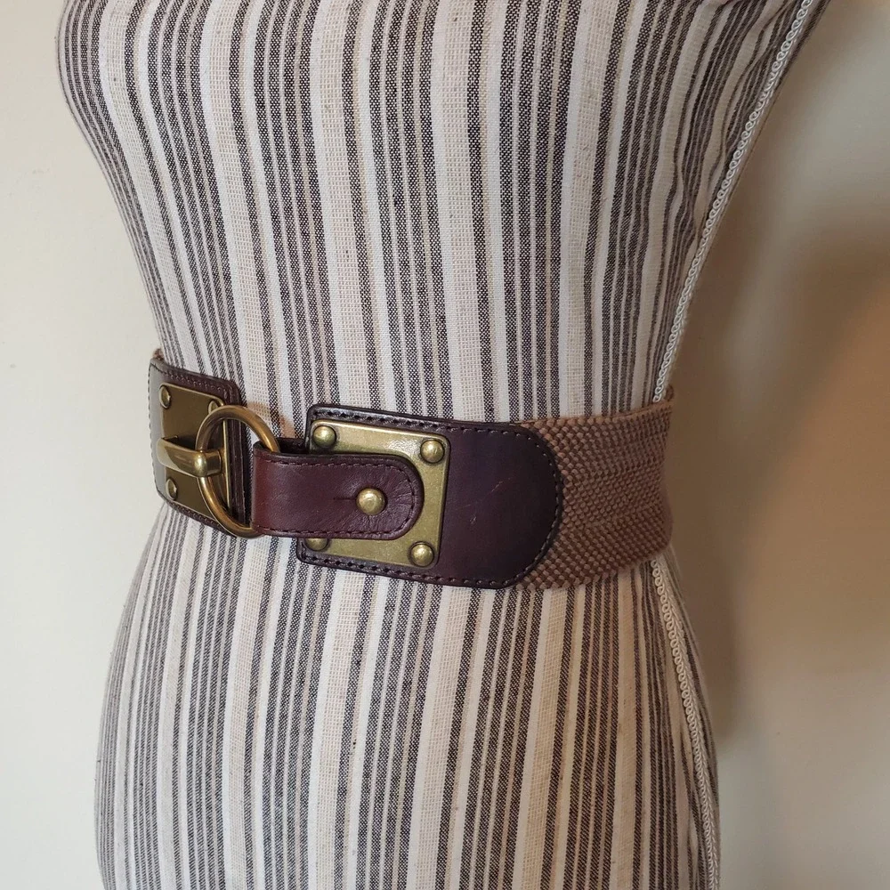 Brown‎ Leather Woven Elastic Cinch Waist Belt Brass Ring Toggle sz Small